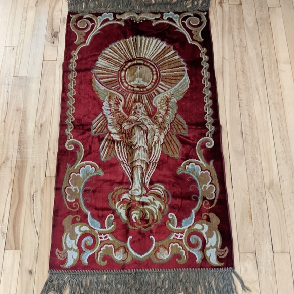 Antique Moody Maximalist Salvaged Religious Tapestry Rug - Picture 1 of 5